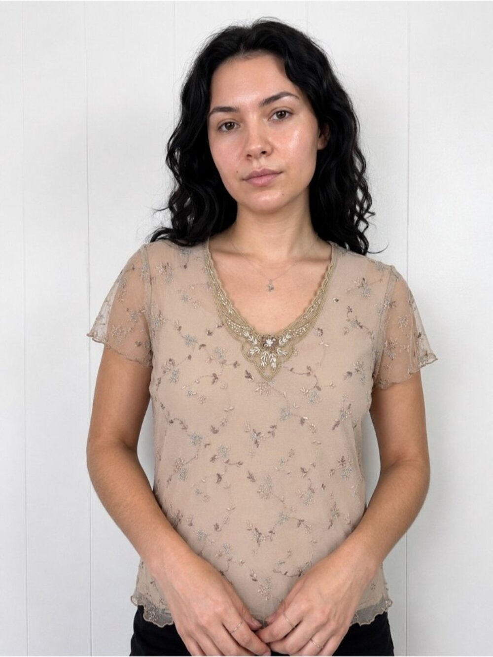 Vintage Y2K Fairycore Embroidered Mesh Sheer Top Womens Size Small Whimsigoth